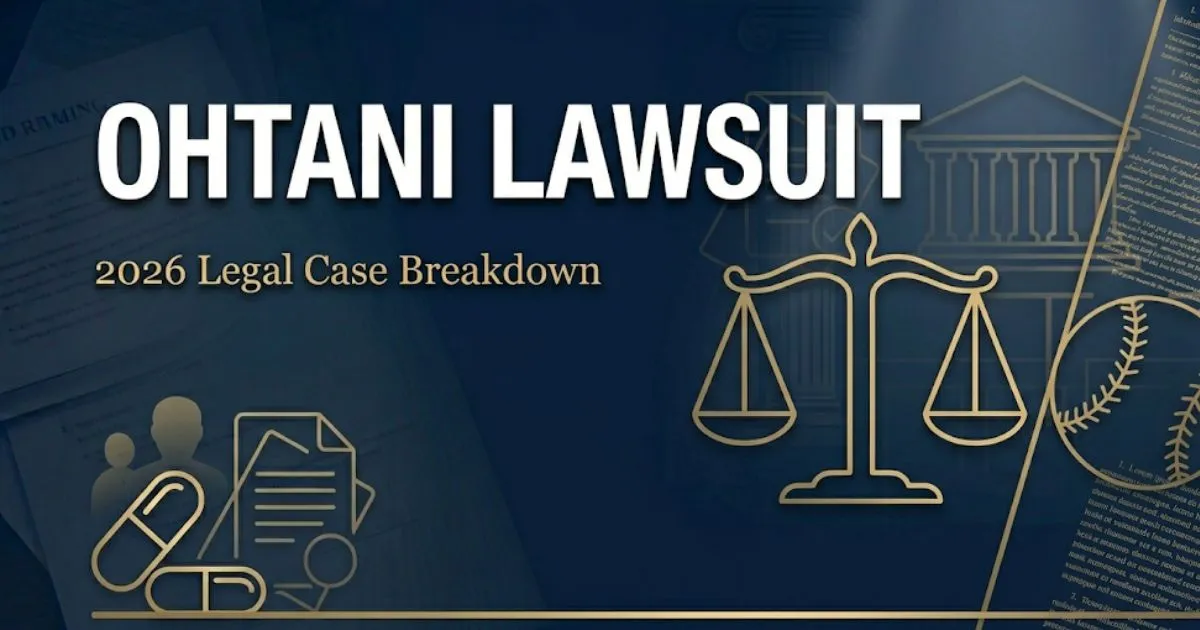 Ohtani lawsuit 2026 legal case breakdown banner with scales of justice and courtroom design elements