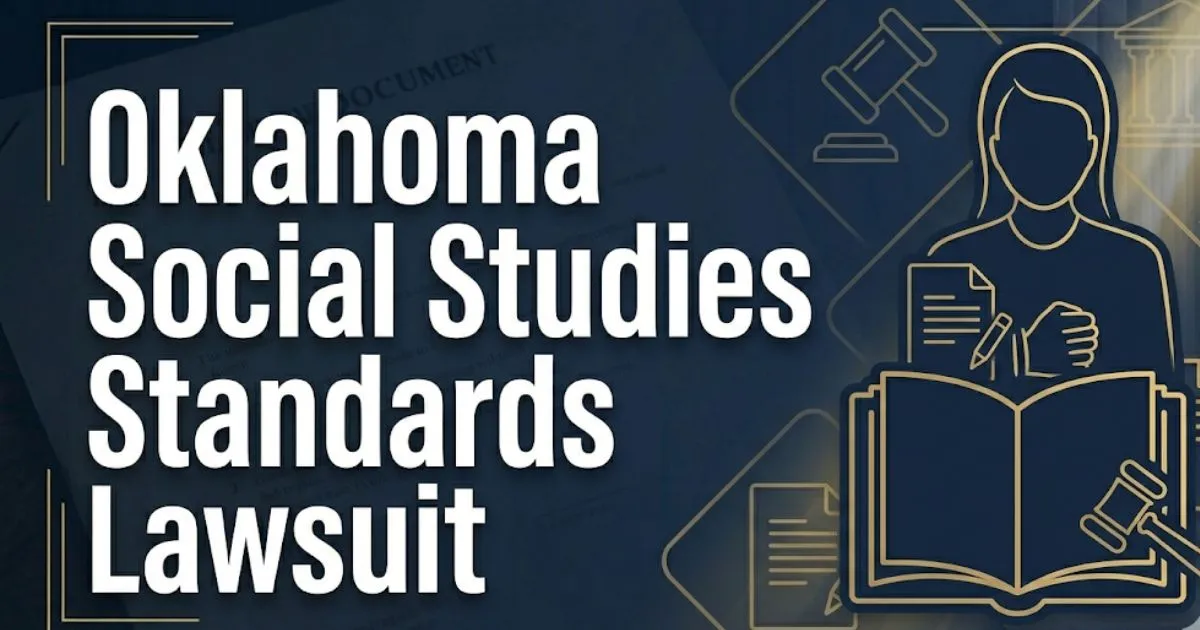 Oklahoma social studies standards lawsuit 2026 federal court challenge hero banner with courthouse and gavel icons
