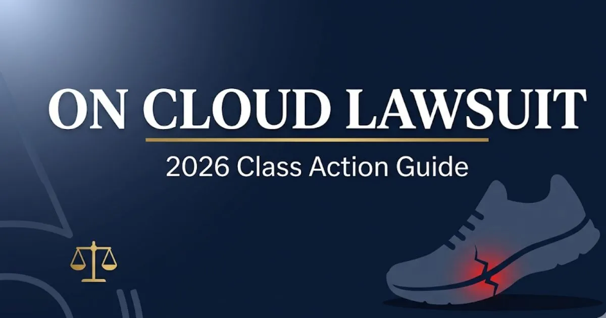 On Cloud lawsuit 2026 class action guide banner showing cracked shoe silhouette and legal scale symbols on navy background