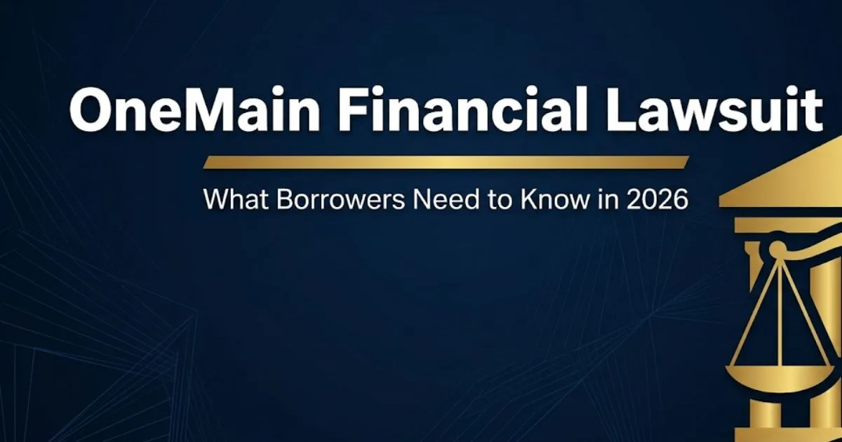 OneMain Financial lawsuit 2026 guide hero banner with legal scales icon and bold headline text on navy background