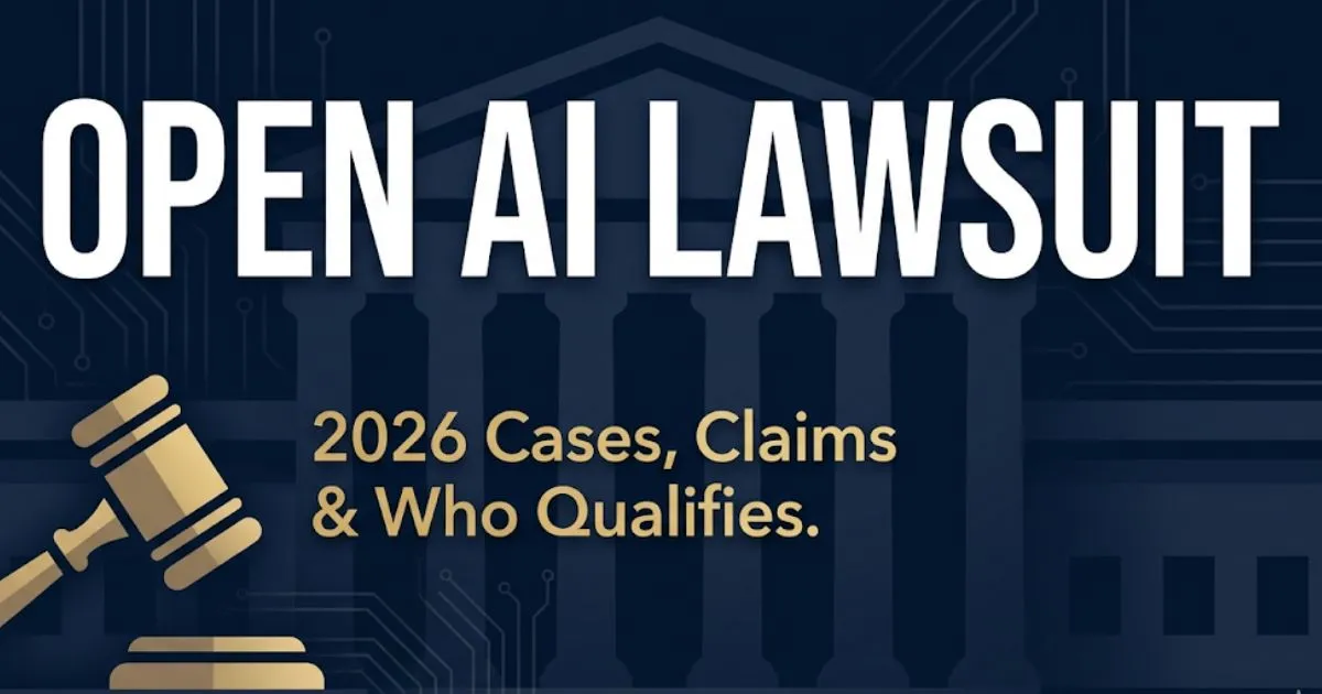 Open AI lawsuit 2026 legal banner showing courthouse silhouette, gavel icon, and bold headline text on navy background