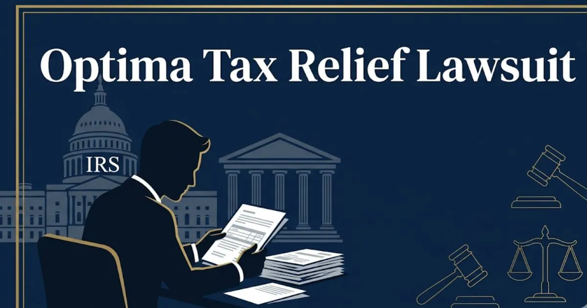 Optima Tax Relief lawsuit 2026 guide with legal symbols and courthouse imagery