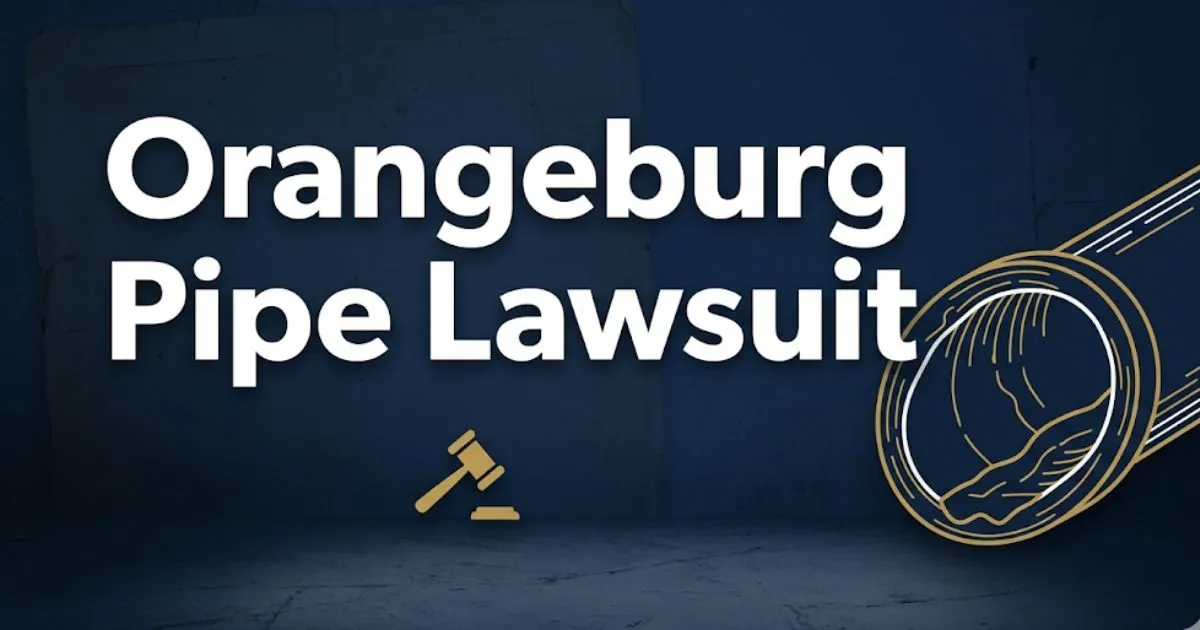 Orangeburg pipe lawsuit 2026 banner showing deteriorating sewer pipe diagram and bold legal headline text on navy background