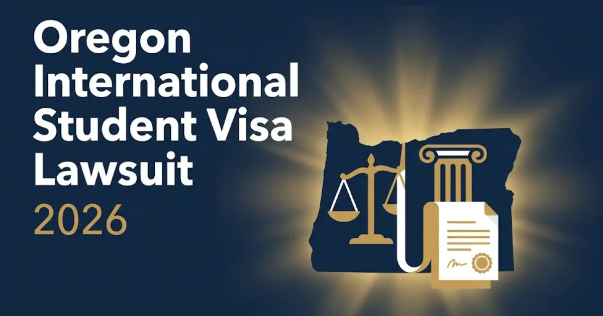 Oregon international student visa lawsuit 2026 guide banner with legal scales and Oregon state outline on navy background