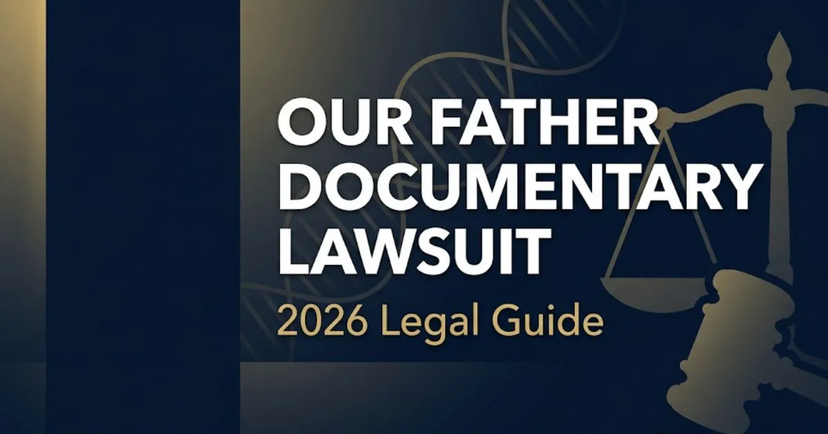 Our Father documentary lawsuit 2026 legal guide banner with scales of justice and DNA helix on navy background