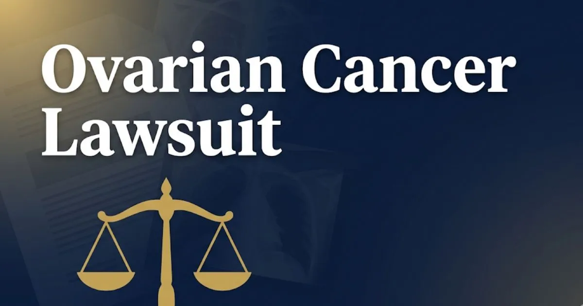 Ovarian cancer lawsuit 2026 updates with legal scales icon and bold headline on navy background