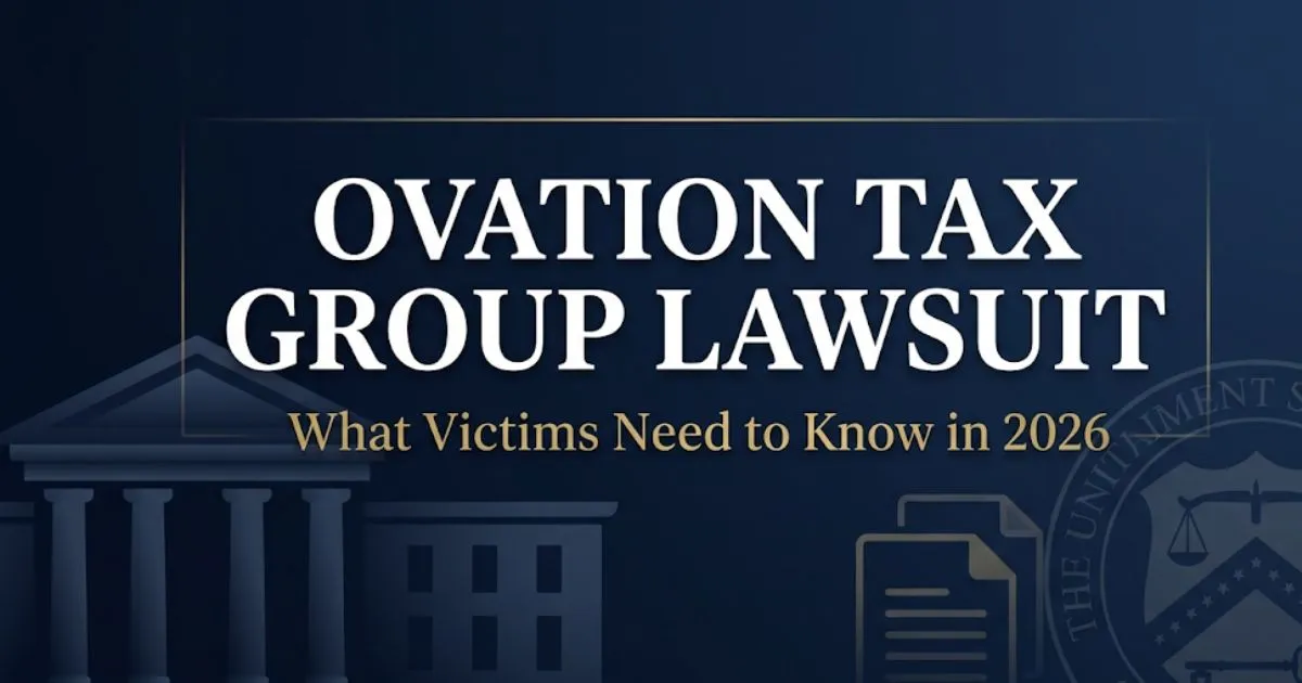 Ovation Tax Group lawsuit 2026 banner showing courthouse silhouette and legal icons on navy background