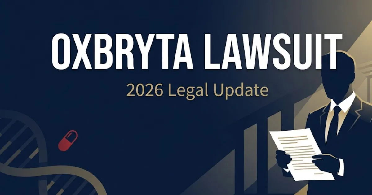 Oxbryta lawsuit 2026 legal banner with navy background, bold headline text, and pharmaceutical legal imagery