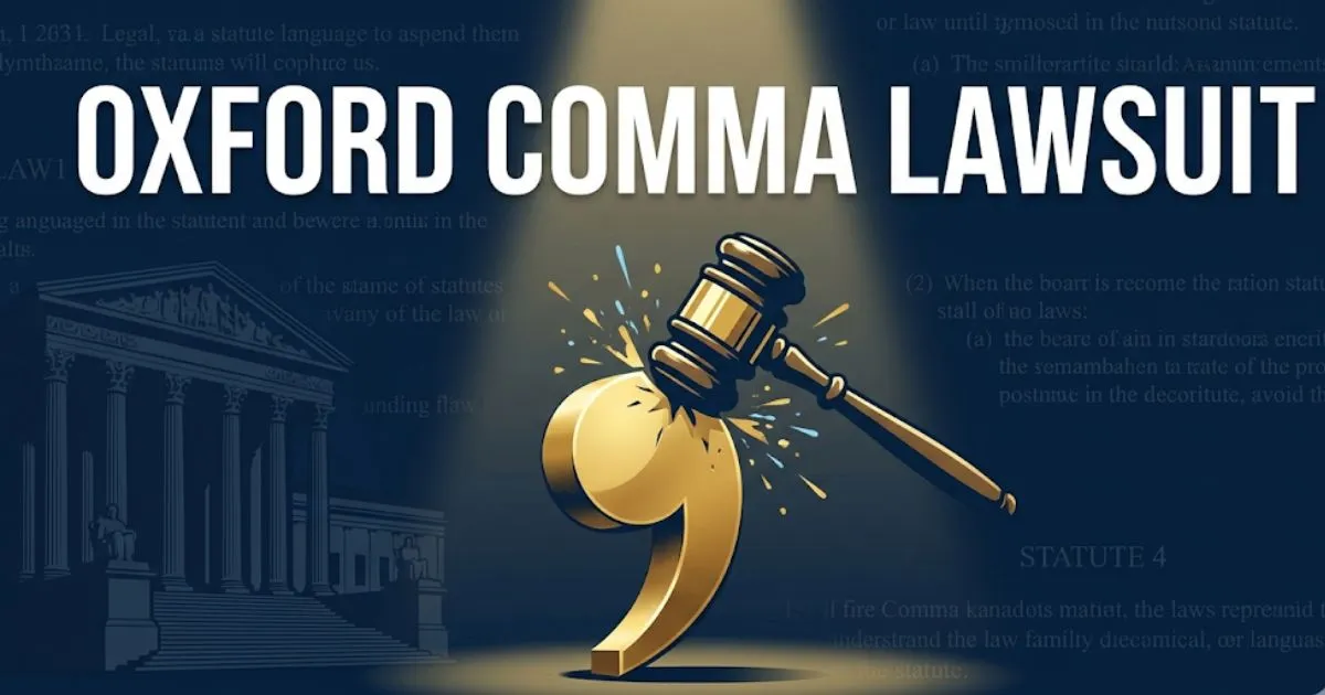 Oxford comma lawsuit blog banner with gavel and golden comma on navy background