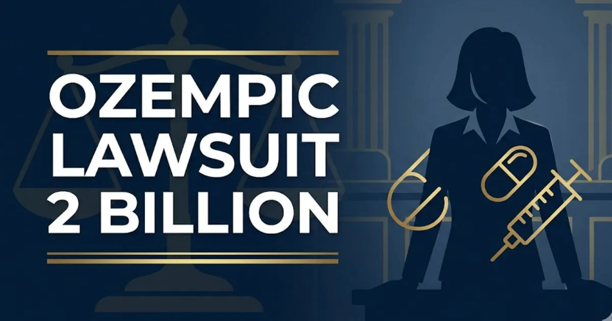 Ozempic lawsuit 2 billion legal banner showing courthouse silhouette and headline text in navy and gold design