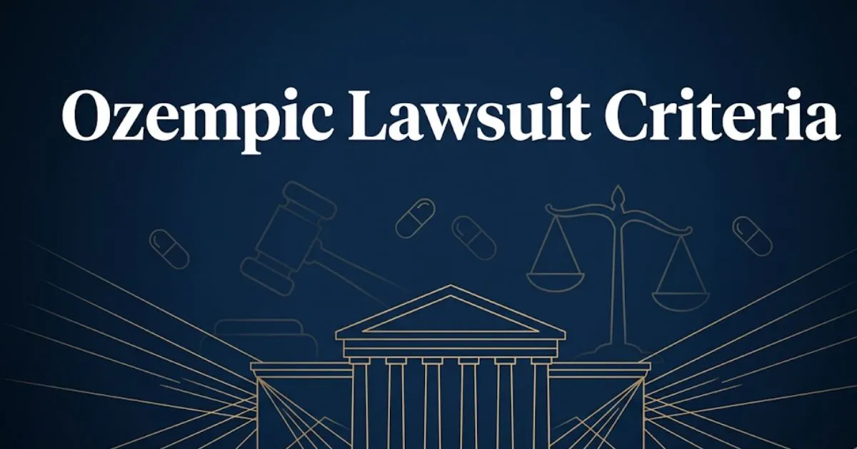 Ozempic lawsuit criteria 2026 blog banner with legal symbols and navy gold design