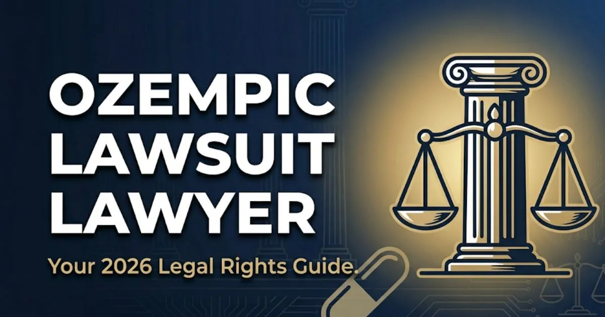 Ozempic lawsuit lawyer guide banner showing courthouse scales and 2026 legal rights headline in navy and gold
