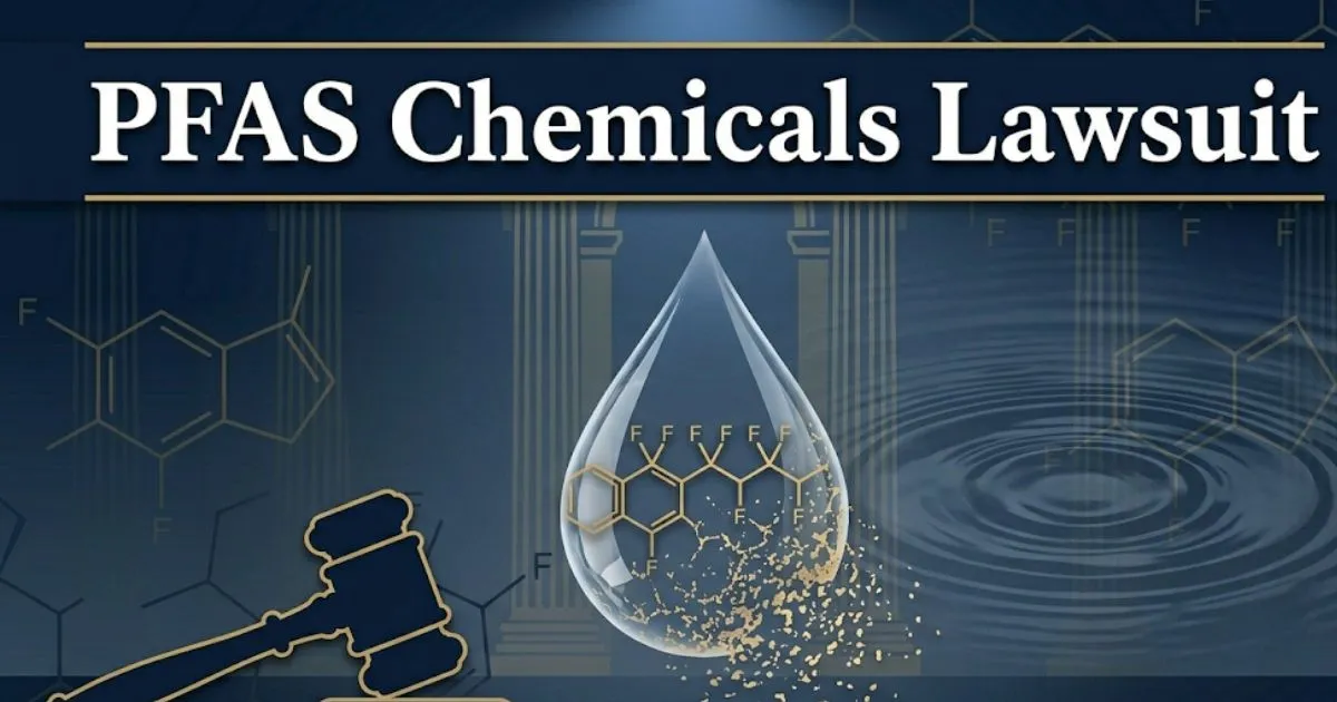 PFAS chemicals lawsuit 2026 legal guide banner with courthouse and water contamination imagery MAIN KEYWORD {{pfas chemicals lawsuit}} CLUSTER KEYWORDS {{paste cluster keywords, separated by