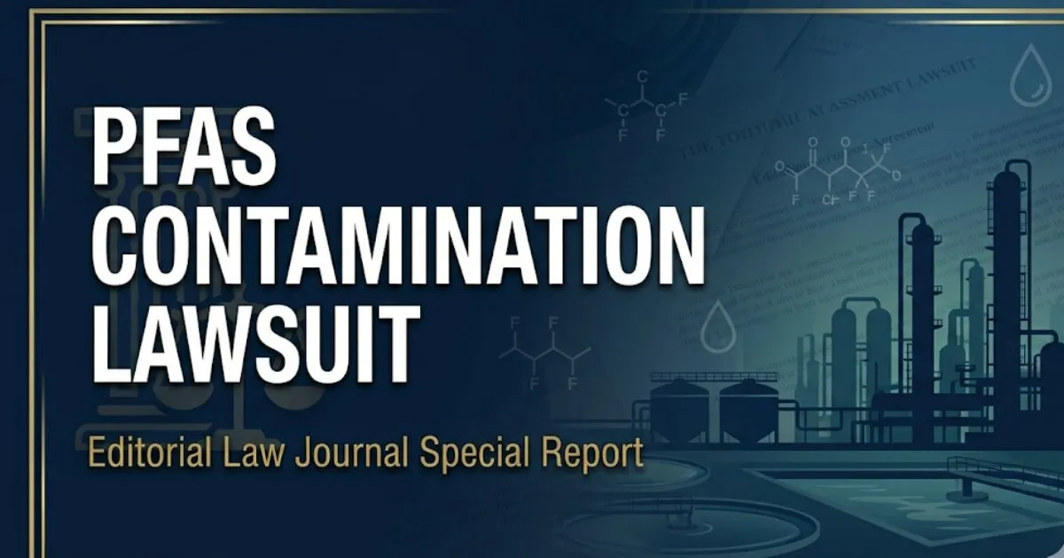 PFAS contamination lawsuit hero banner with bold title text, legal and chemical symbols on a deep navy background