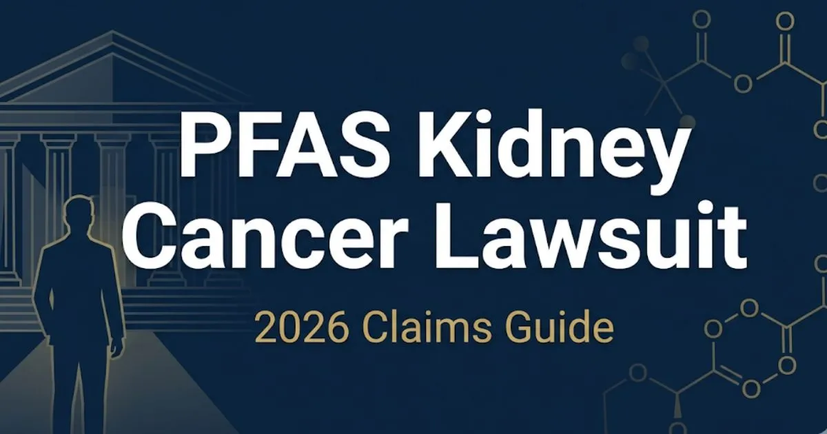 PFAS kidney cancer lawsuit 2026 claims guide banner with legal courthouse silhouette and chemical graphics