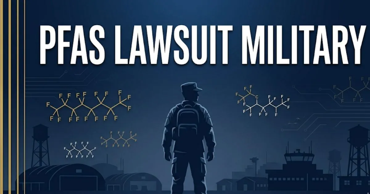 PFAS lawsuit military banner with service member silhouette and legal theme in navy and gold