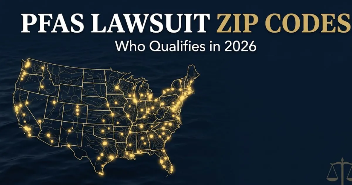 PFAS lawsuit zip codes 2026 hero banner showing contamination zone map and eligibility information for affected residents