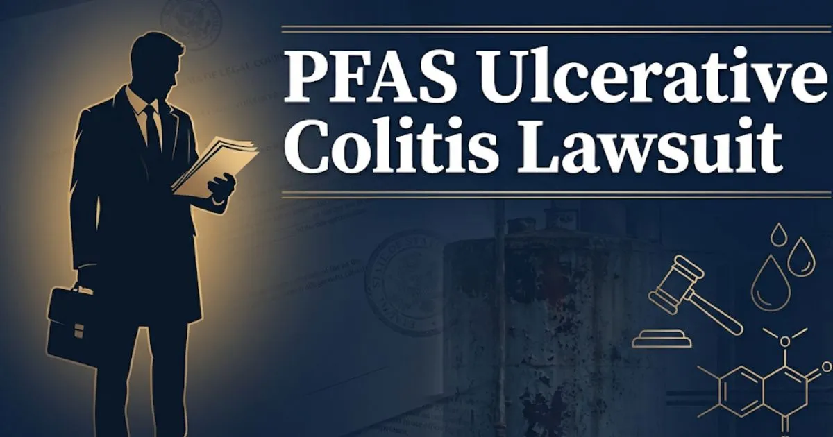 PFAS ulcerative colitis lawsuit 2026 legal banner with gavel, water droplet icons, and claimant silhouette on navy background