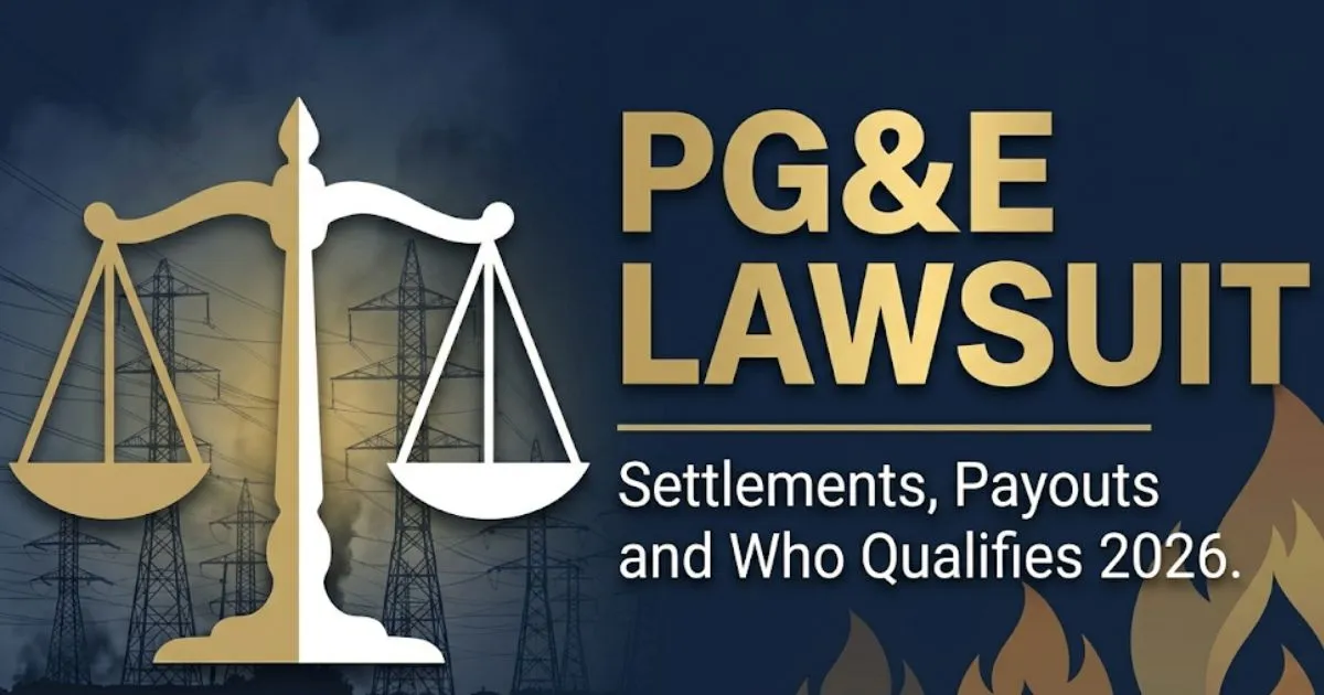 PG&E lawsuit 2026 guide banner showing power lines, settlement information, and who qualifies for compensation