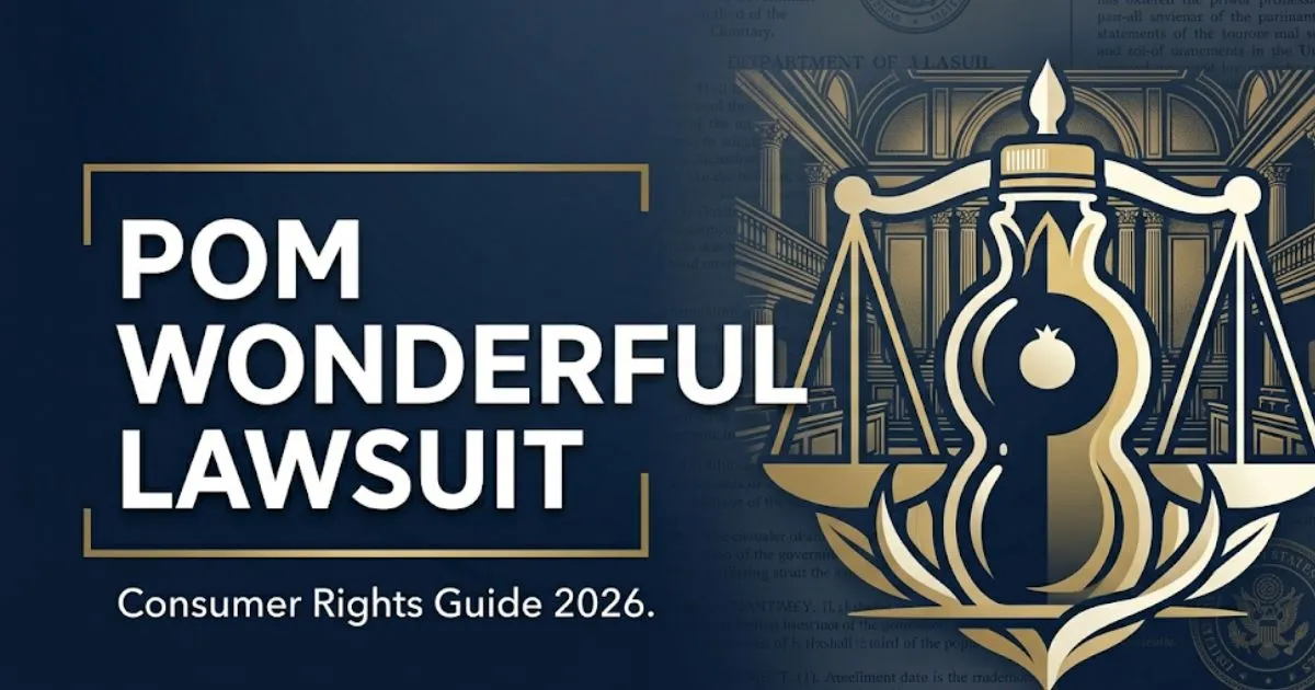 POM Wonderful lawsuit consumer rights guide 2026 with legal scales and juice bottle silhouette on navy background