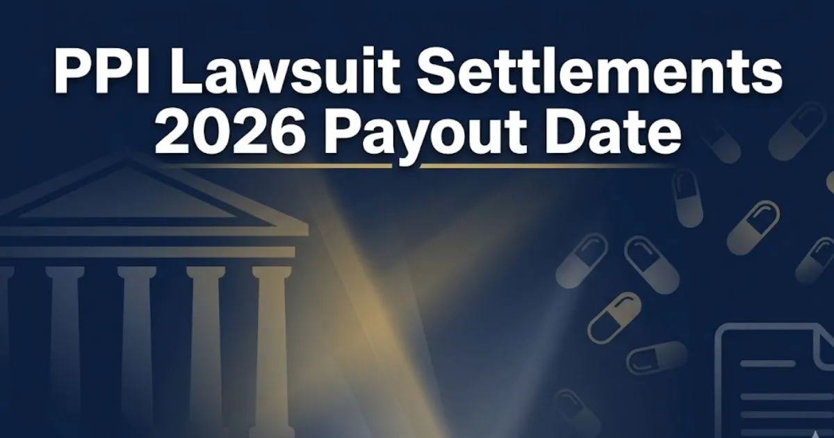 PPI lawsuit settlements 2026 payout date editorial banner with legal icons and courthouse silhouette on navy background