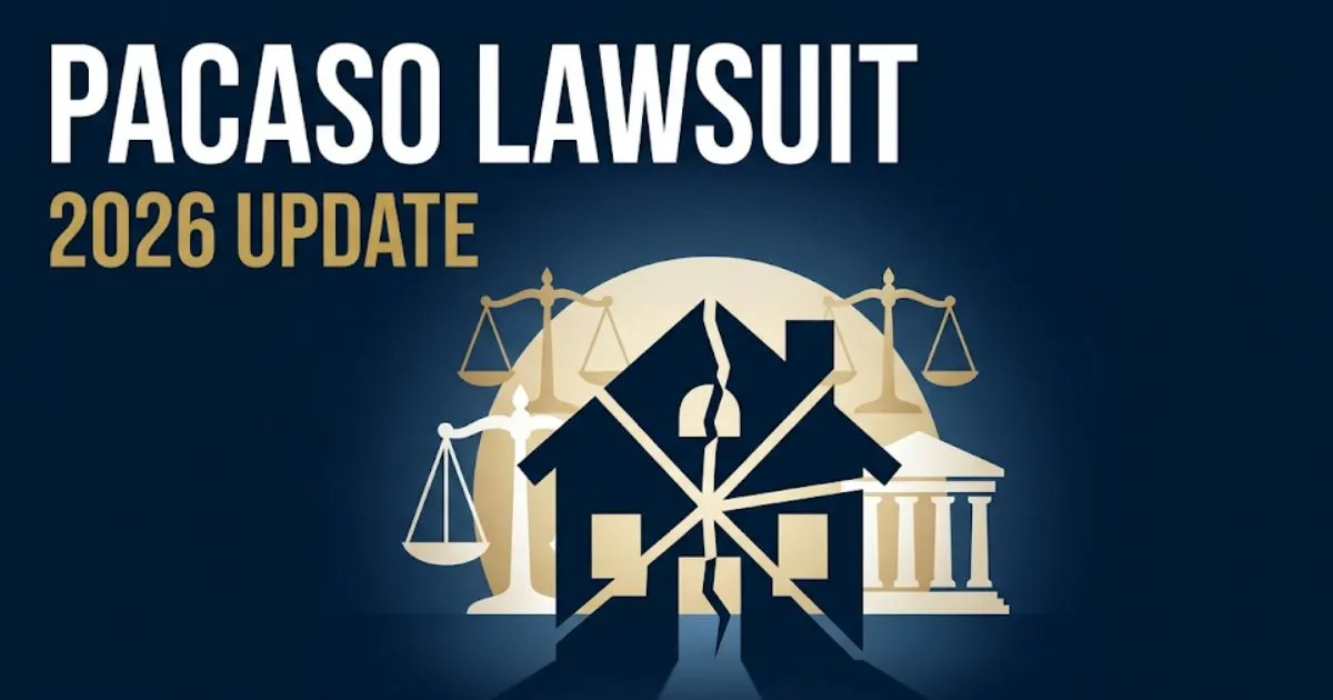 Pacaso lawsuit 2026 blog banner showing split house silhouette and legal scales on navy background