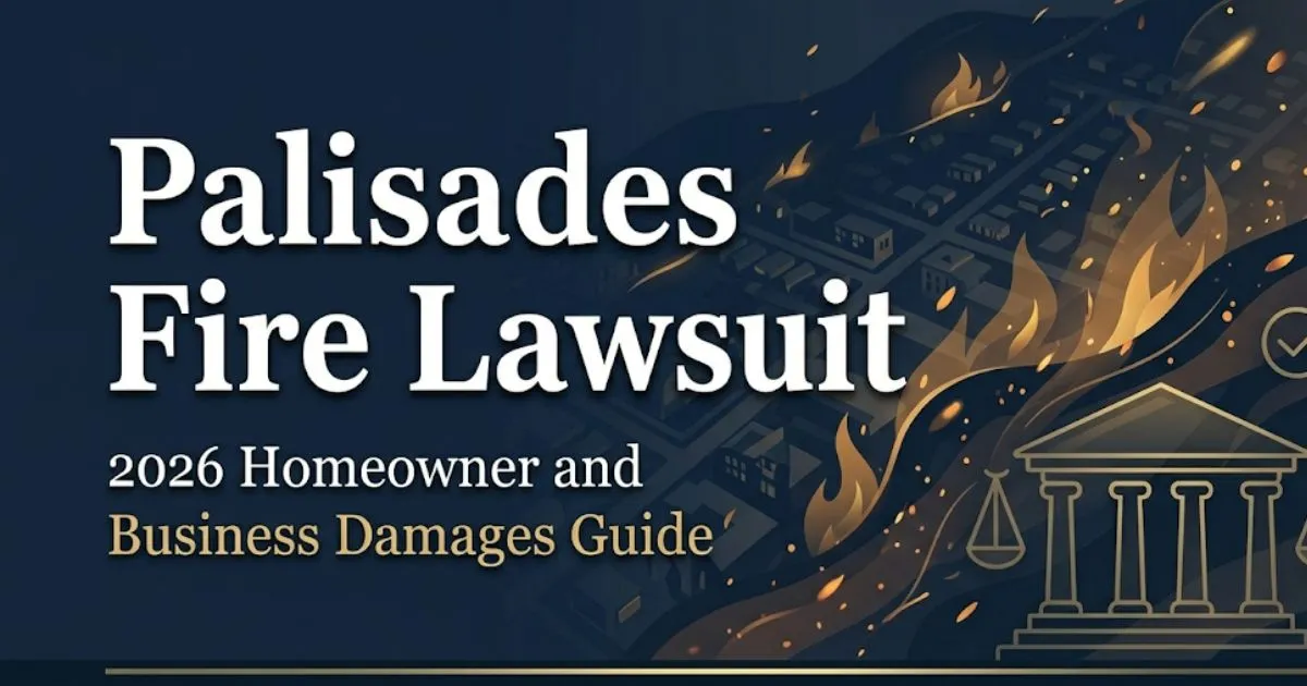 Palisades fire lawsuit 2026 guide with legal courthouse and wildfire imagery