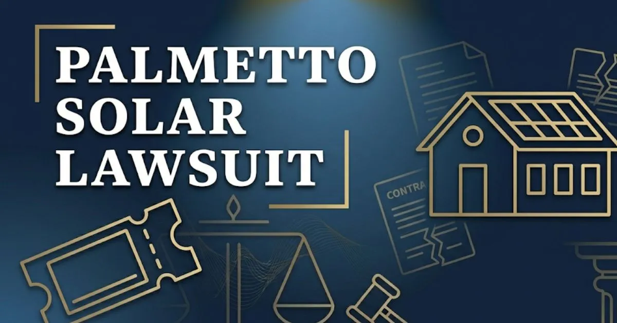Palmetto solar lawsuit 2026 hero banner showing home with solar panels and legal document icons on navy background