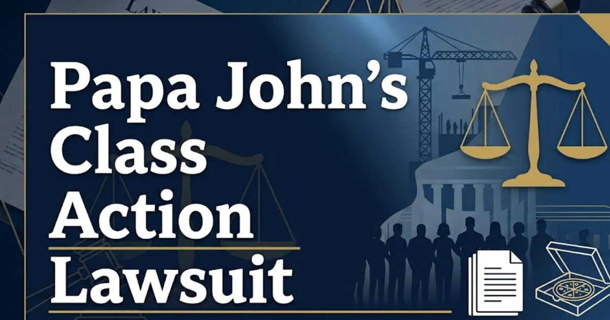 Papa John's class action lawsuit 2026 legal guide banner with scales of justice and legal document icons