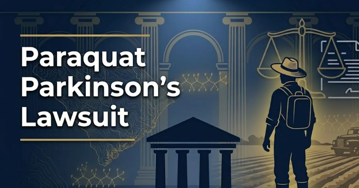 Paraquat Parkinson's lawsuit 2026 update banner with farm field and legal imagery