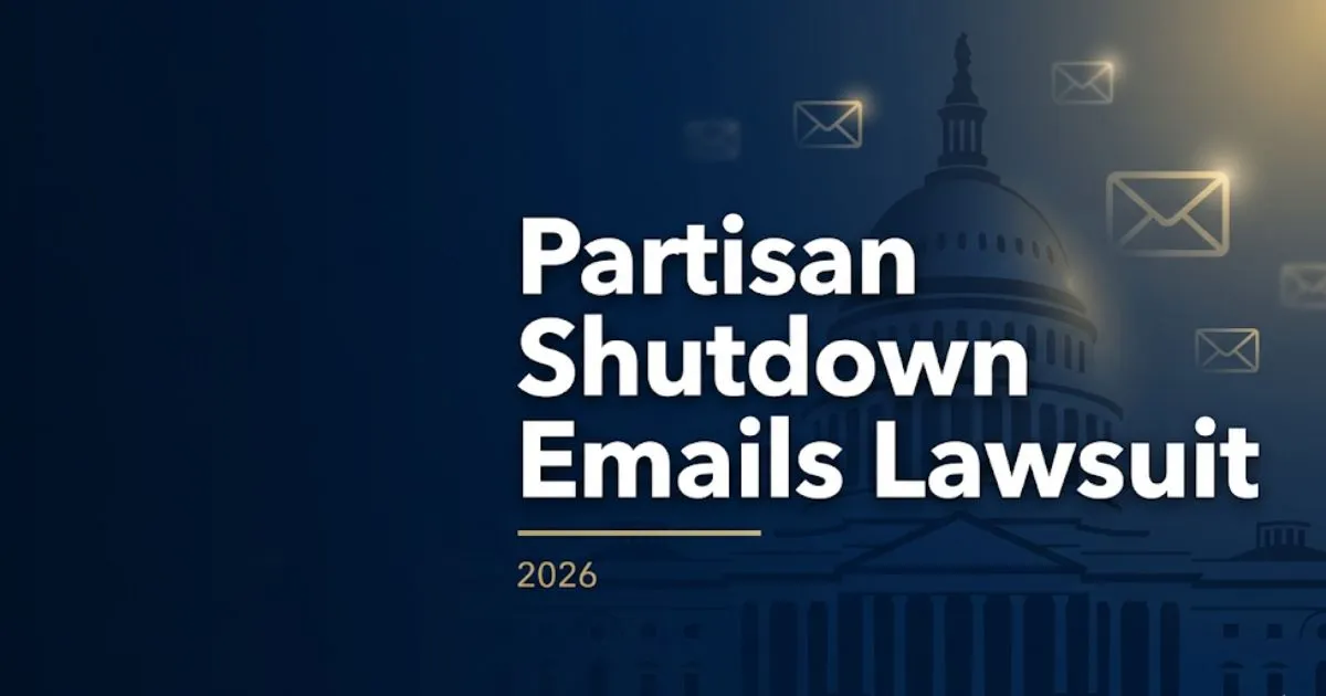 Partisan shutdown emails lawsuit 2026 legal guide banner with federal building silhouette and email icons