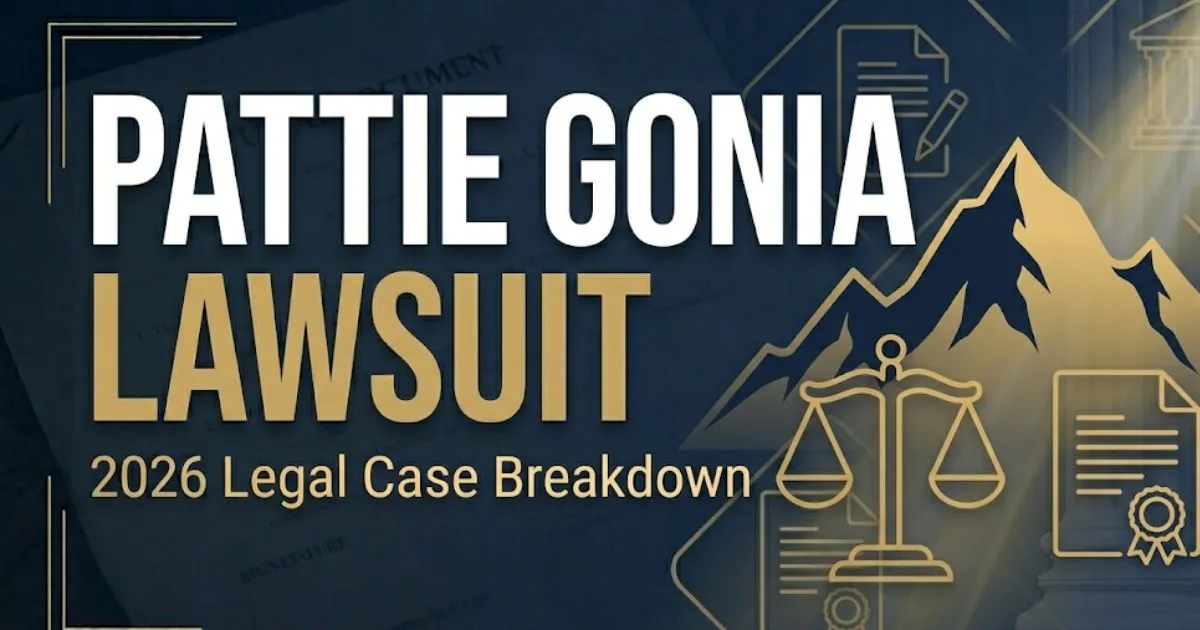 Pattie Gonia lawsuit 2026 legal case breakdown banner with mountain silhouette and legal scale icons