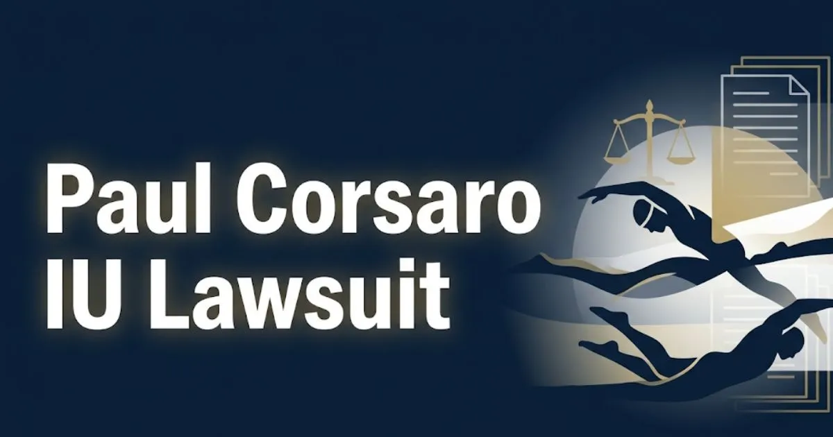 Paul Corsaro IU Lawsuit blog banner with legal symbols and swimmer silhouettes in navy and gold