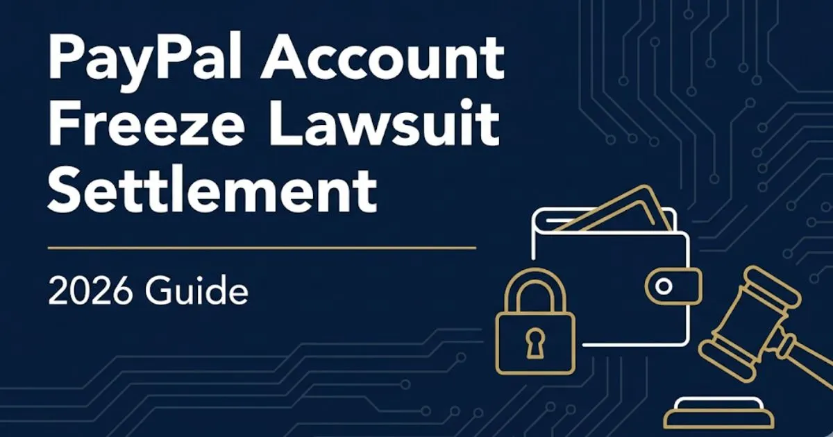 PayPal account freeze lawsuit settlement 2026 guide banner with gavel and digital wallet icons