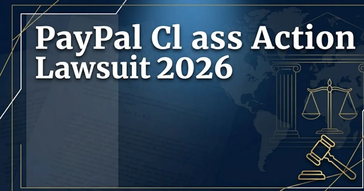 PayPal class action lawsuit 2026 legal banner with courthouse silhouette, gavel icon, and navy gold design