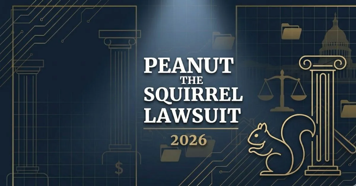 Peanut the squirrel lawsuit 2026 legal case guide banner with navy and gold courthouse design