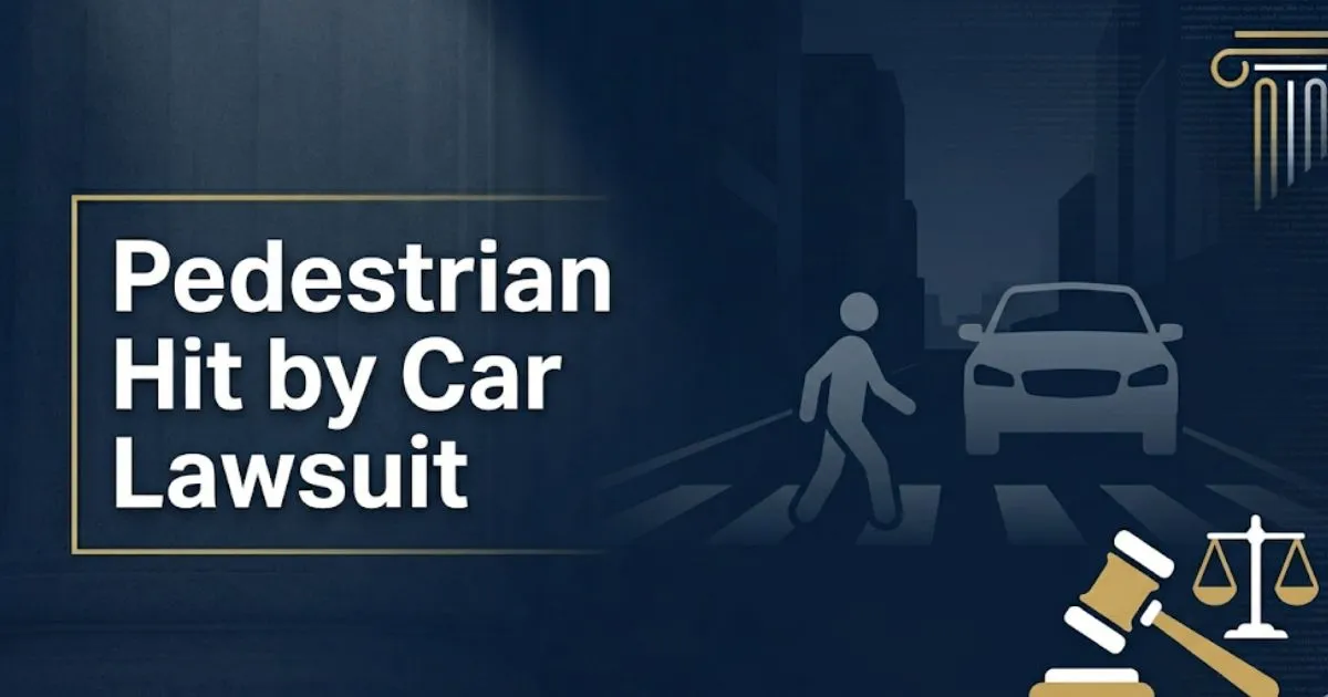 Pedestrian hit by car lawsuit guide 2026 showing crosswalk silhouette and legal gavel on navy background