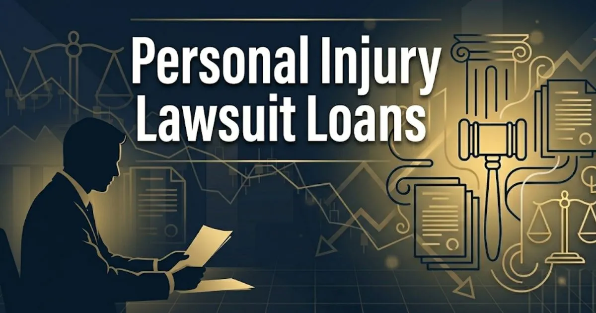 Personal injury lawsuit loans guide 2026 showing legal scales and courthouse imagery on dark navy background