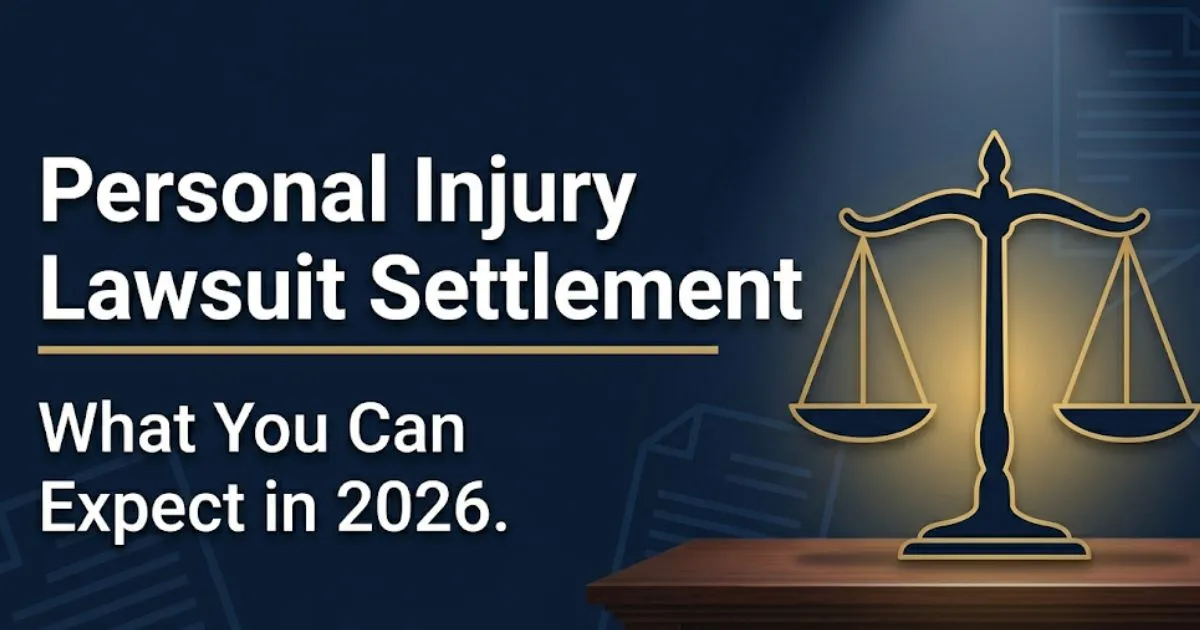 Personal injury lawsuit settlement hero banner showing justice scale icon and 2026 payout information on navy background