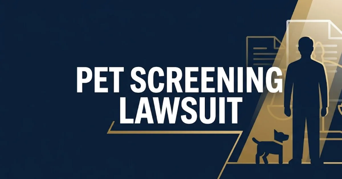 Pet screening lawsuit 2026 legal banner showing scales of justice silhouette and renter figure on navy background