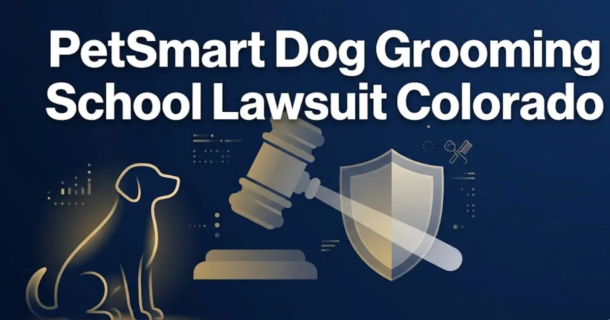 PetSmart dog grooming school lawsuit Colorado 2026 legal editorial banner with dog silhouette and scales of justice