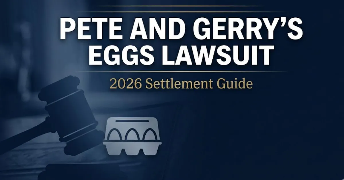 Pete and Gerry's Eggs Lawsuit 2026 settlement guide banner with gavel and egg carton icons on navy background