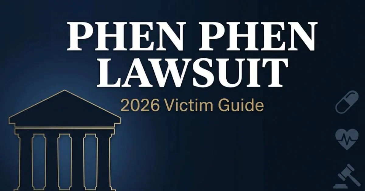 Phen phen lawsuit 2026 guide banner with courthouse silhouette, legal gavel, and pill icons on navy background