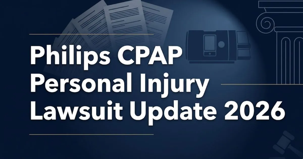 Philips CPAP personal injury lawsuit update 2026 hero banner with legal symbols and navy blue design