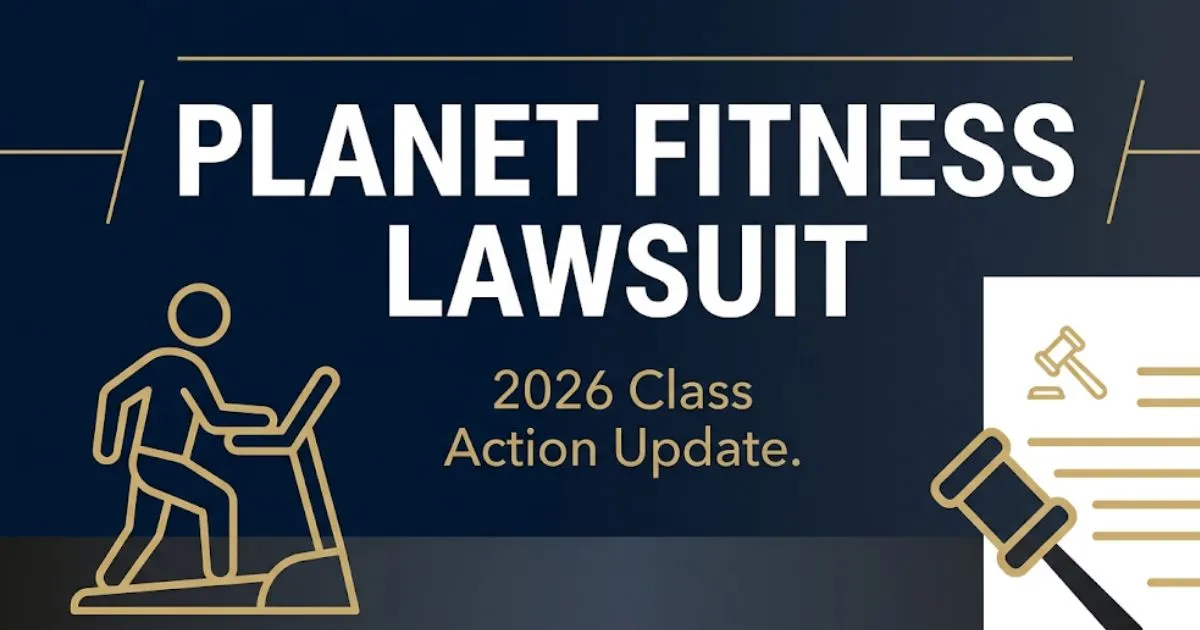 Planet fitness lawsuit 2026 class action update banner with legal symbols and gym silhouette on navy background