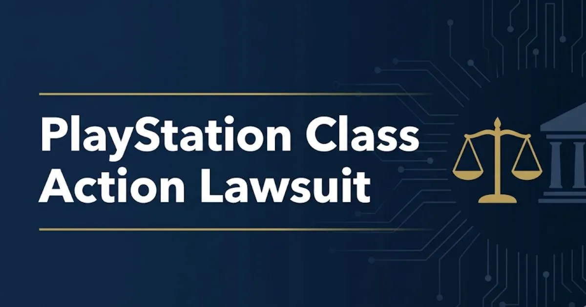PlayStation class action lawsuit 2026 guide banner with legal scale icon and navy blue editorial design