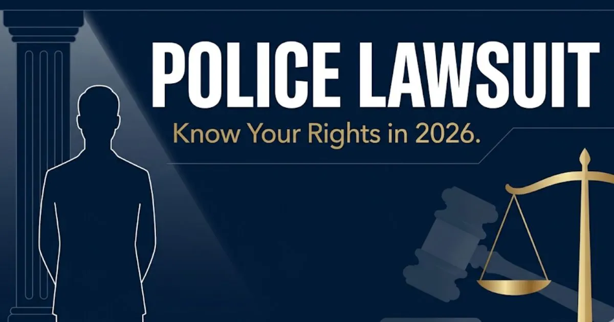 Police lawsuit 2026 guide hero banner showing courthouse silhouette, scales of justice, and bold headline text