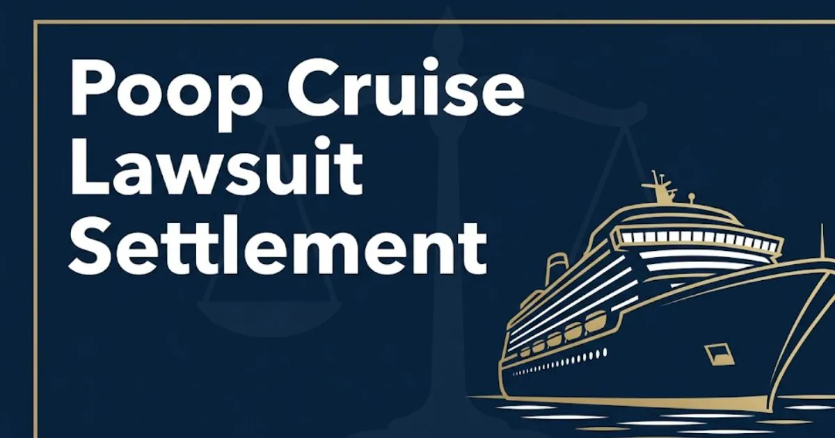Poop cruise lawsuit settlement 2026 guide banner with cruise ship silhouette and legal scales on navy background