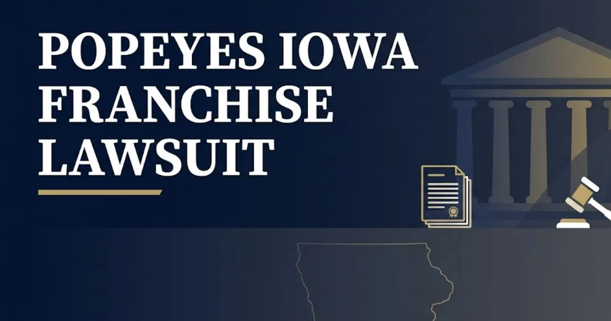 Popeyes Iowa franchise lawsuit 2026 legal guide banner with courthouse silhouette and Iowa state outline