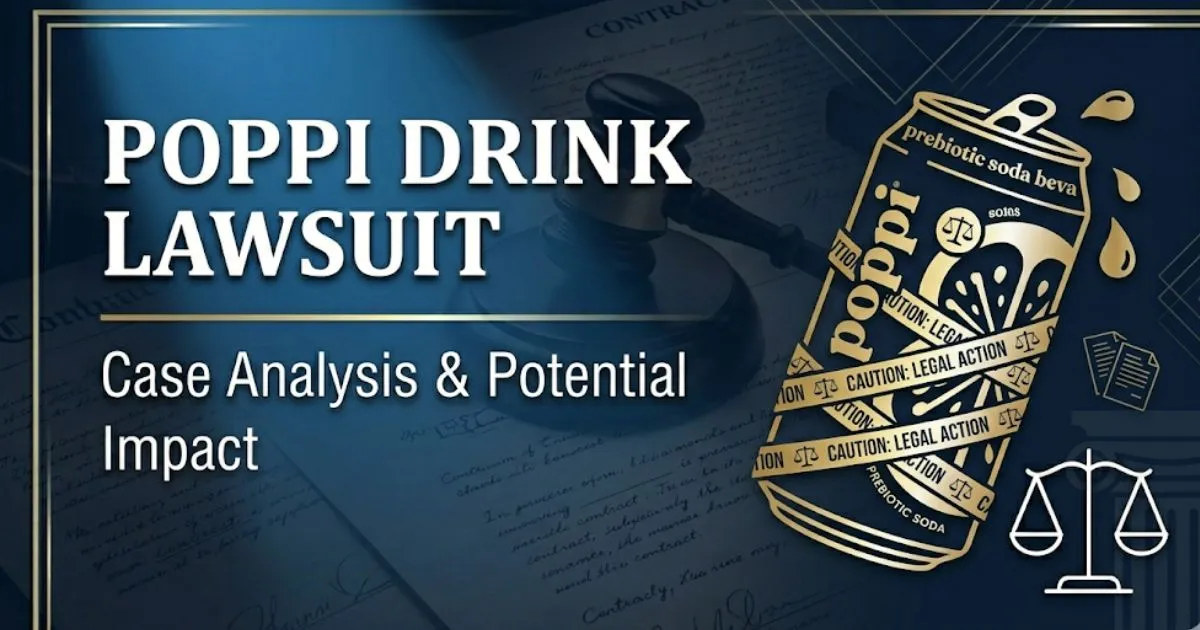 Poppi drink lawsuit blog banner with bold legal headline, beverage can silhouette, and scales of justice icons in navy and gold.